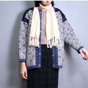 Nordstrikk Wool Cardigan Sweater Pewter Clasps Fair Isle Blue Large‎